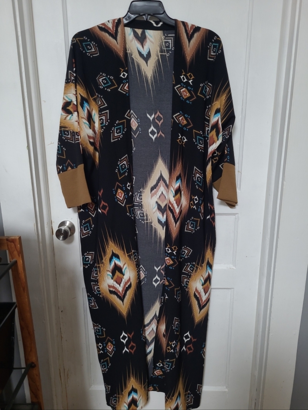 Black Aztec-Print Maxi Kimono Cardigan